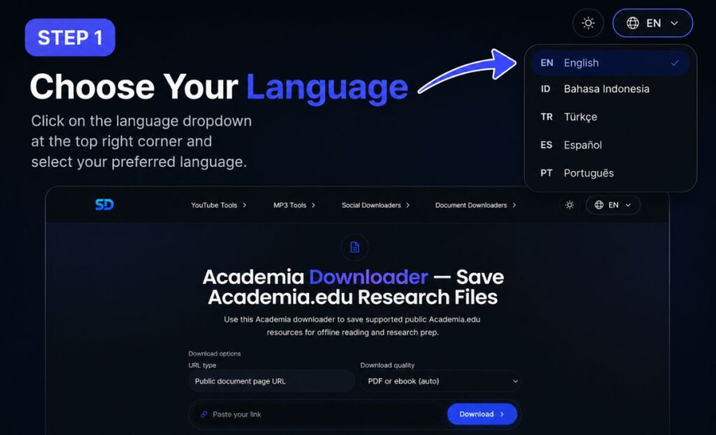 Choose your preferred language from the language selector before using the Academia Downloader.