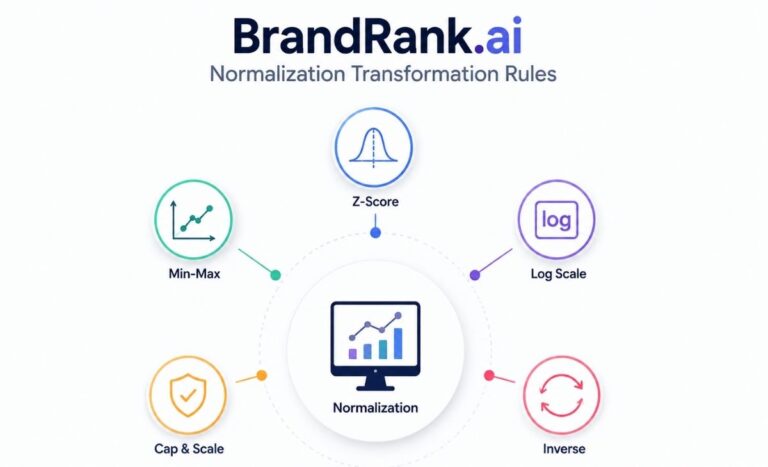 BrandRank.ai normalization transformation rules infographic with Z-Score, Min-Max, Log Scale, Cap & Scale, and Inverse.