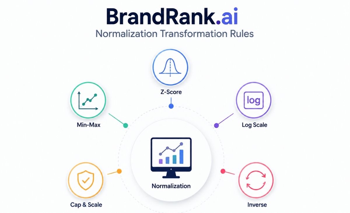 BrandRank.ai normalization transformation rules infographic with Z-Score, Min-Max, Log Scale, Cap & Scale, and Inverse.